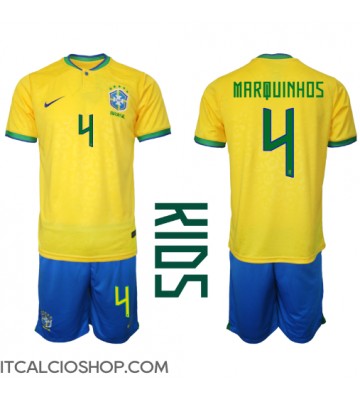 Brasile Marquinhos #4 Prima Maglia Bambino Mondiali 2022 Manica Corta (+ Pantaloni corti)